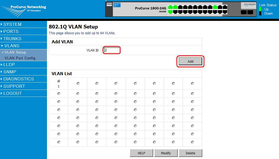 Как через web интерфейс настроить VLAN на коммутаторе HP 1800-24G (J9028B)-03