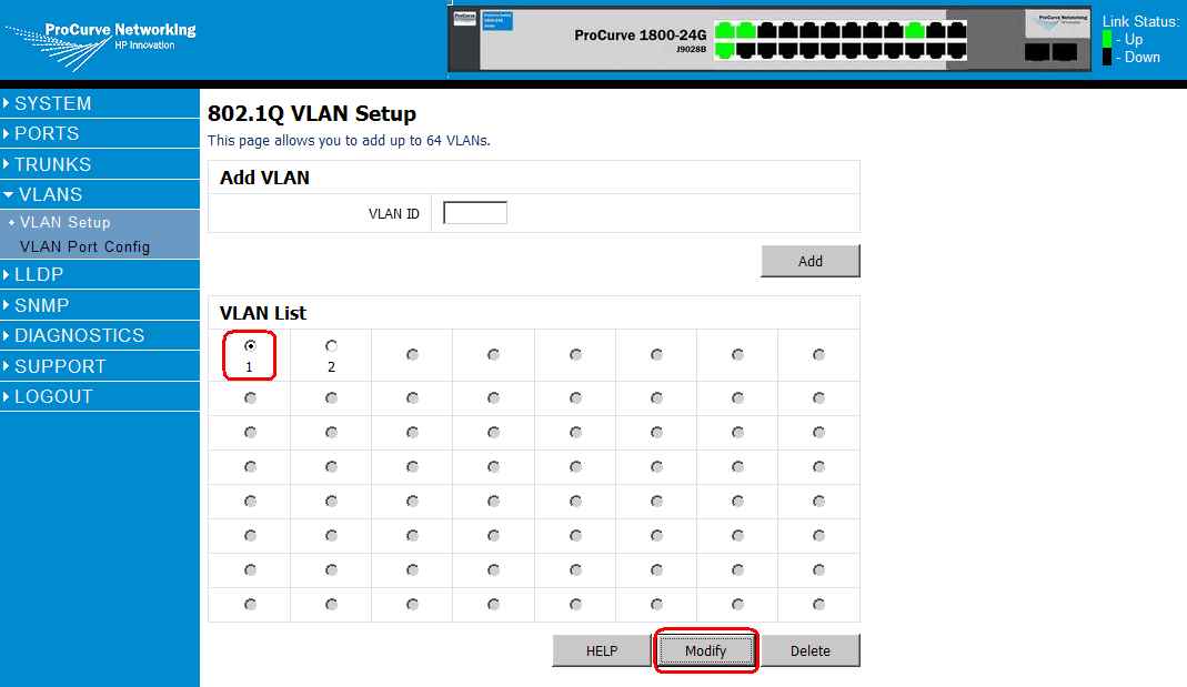 Как через web интерфейс настроить VLAN на коммутаторе HP 1800-24G (J9028B)-04