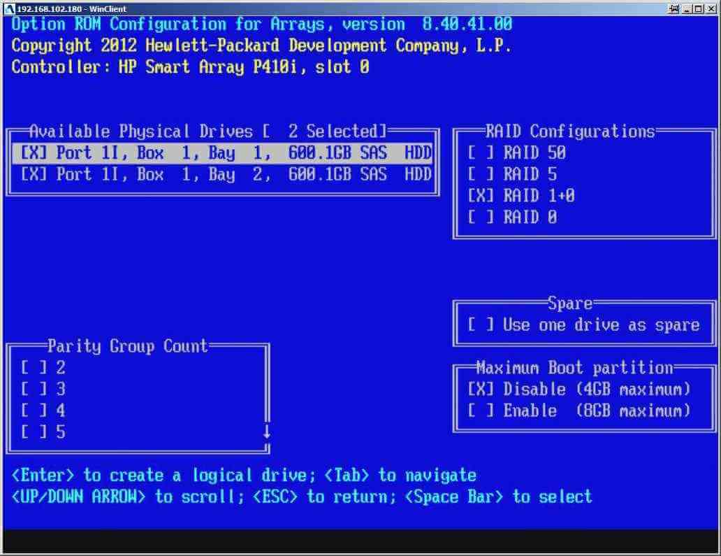 Как настроить RAID 5,10 на контроллере P410i в HP dl380 g7 с помощью встроенной утилиты Option ROM Configuration for Arrays (ORCA)-04