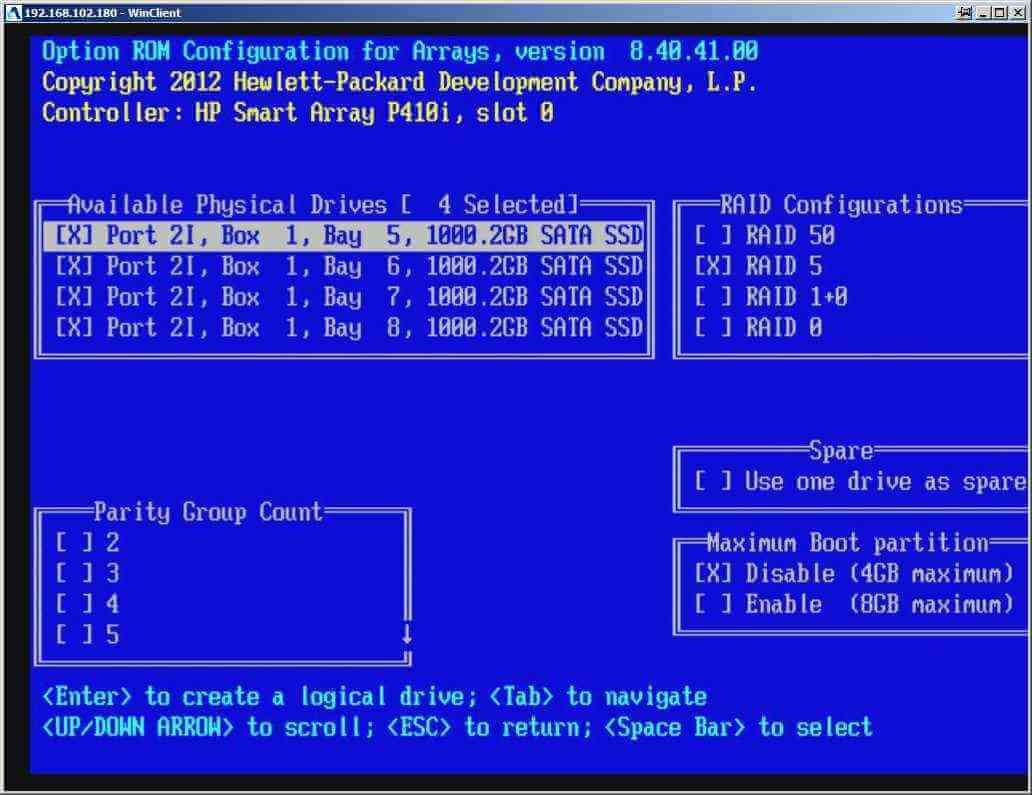 Как настроить RAID 5,10 на контроллере P410i в HP dl380 g7 с помощью встроенной утилиты Option ROM Configuration for Arrays (ORCA)-10