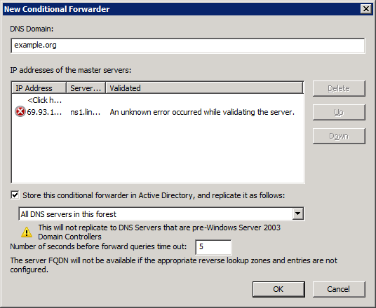 Ошибка Condition forwarding An unknown error occurred while validating the server