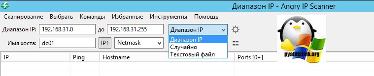 Выбор метода сканирования в Angry IP Scanner