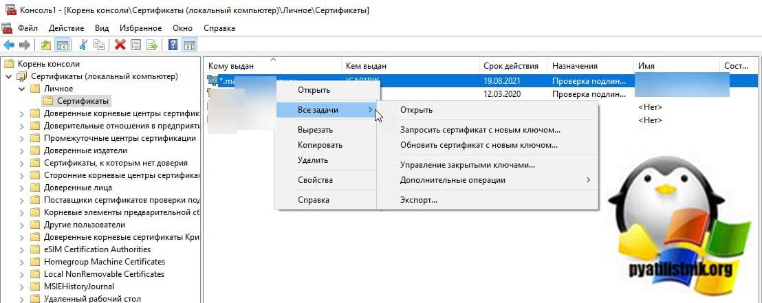 Экспорт сертификата Windows