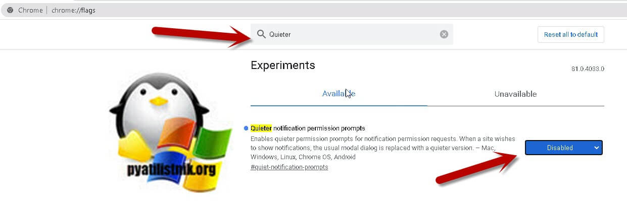 Включение Quieter notification permission prompts в Chrome