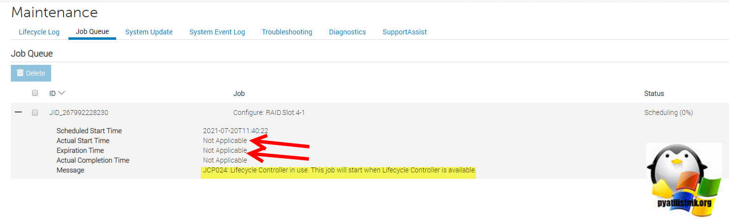 JCP024: Lifecycle Controller in use. This job will start when Lifecycle Controller is available.
