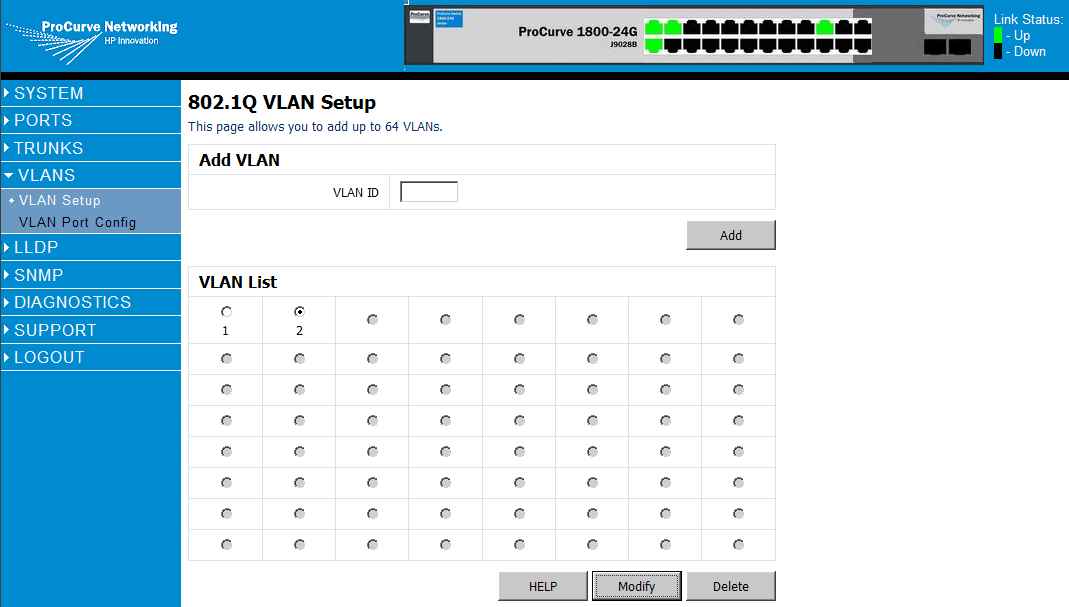 Как через web интерфейс настроить VLAN на коммутаторе HP 1800-24G (J9028B)-06