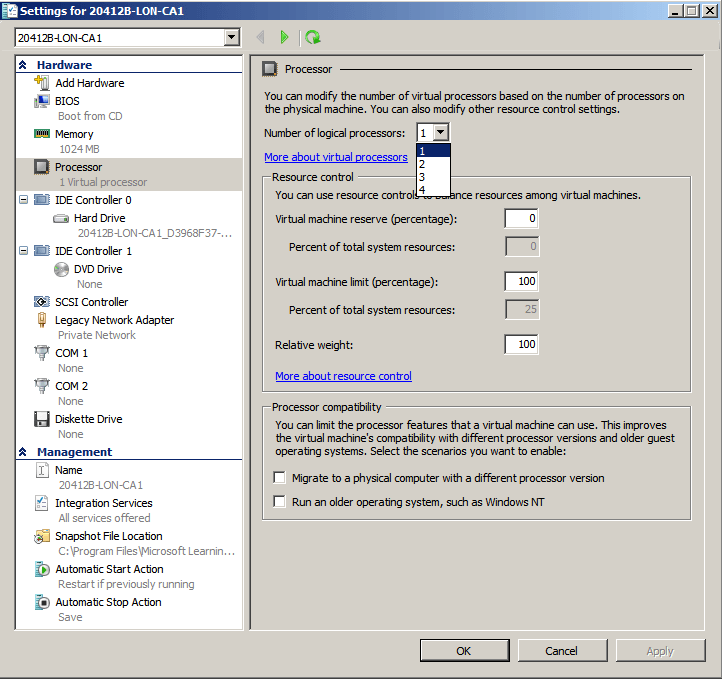 Как снять ограничение в Hyper-V на 4 логических процессора в Windows Server 2008 R2 -01
