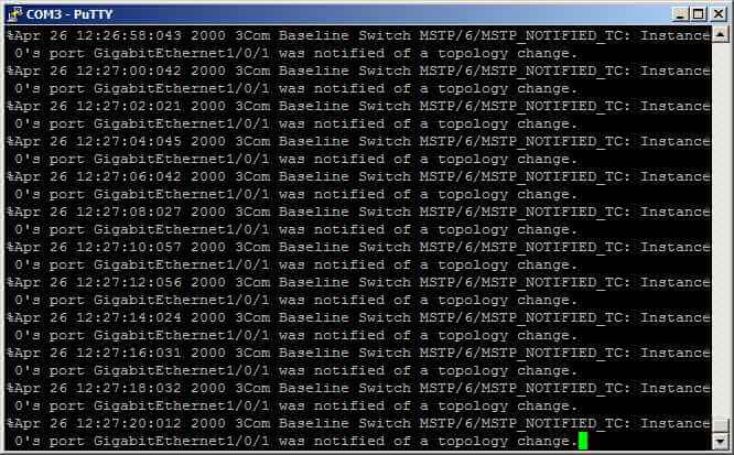 Сообщение MSTP_NOTIFIED_TC Instance 0's port GogabitEthernet1-0-1 was notified of a topology change в 3Com Baseline Switch 2952-SFP Plus-00]