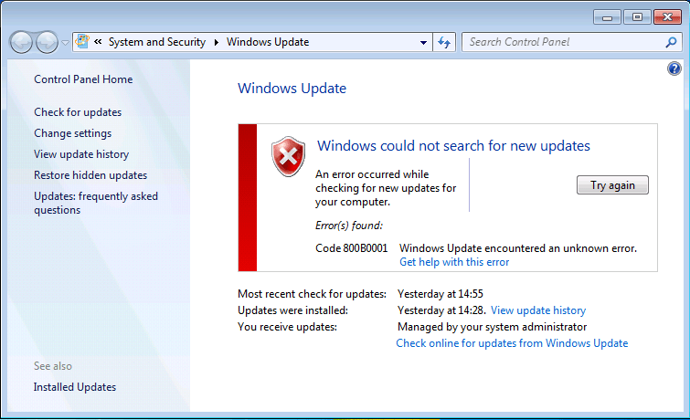 Ошибка 800B0001 при попытке загрузить обновление в Windows