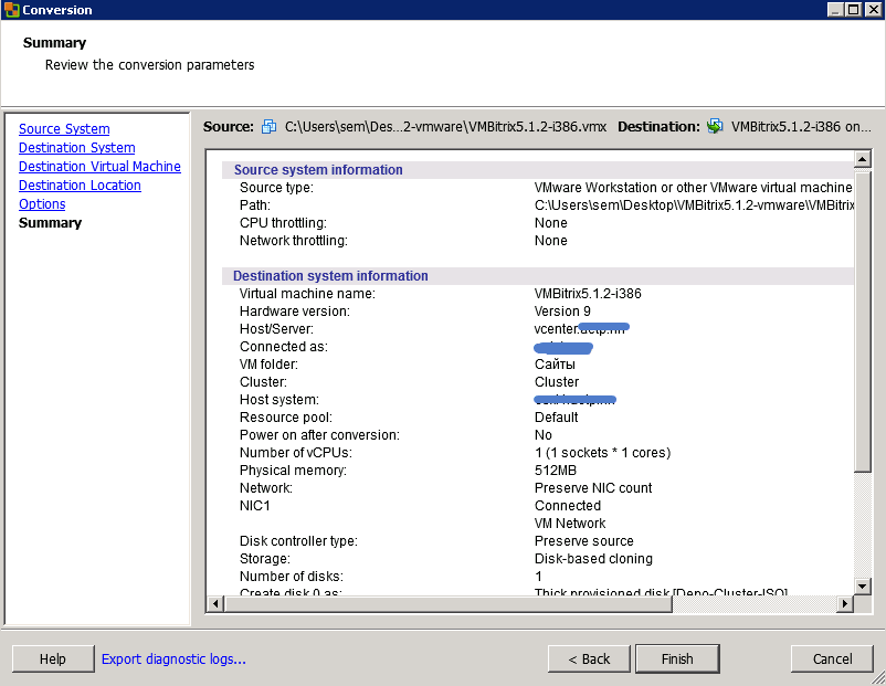 Как конвертировать виртуальную машину vMware Workstation в ESXI 5.5-10