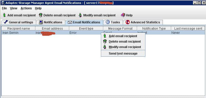Как настроить email оповещение в adaptec storage manager-09