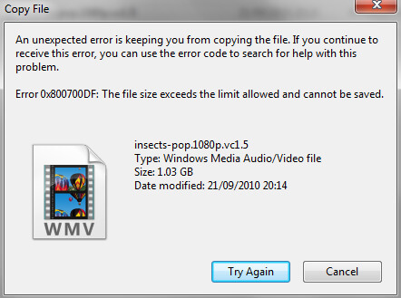 Ошибка 0x800700DF Размер файла превышает установленное ограничение, сохранение файла невозможно