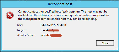 Ошибка cannot contact the specified host. The host may not be available on the network, a network configuration problem may exist, or the management service on this host is not responding