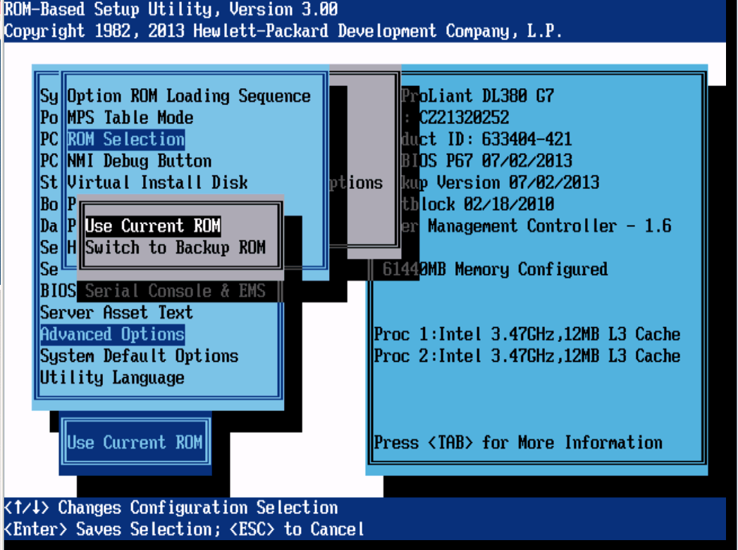 Как восстановить резервную копию BIOS на сервере HP ProLiant DL380 G7-01