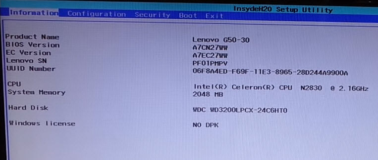 biod Lenovo G50-30