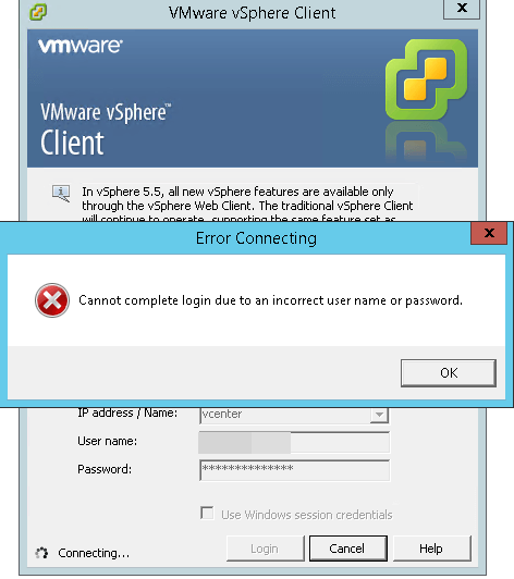 Cannot complete login due to an incorrect user name or password