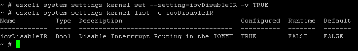 esxcli system settings kernel set --setting=iovDisableIR -v TRUE