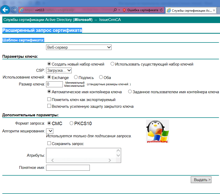 Ошибка продления сертификата через центр сертификации Windows-2