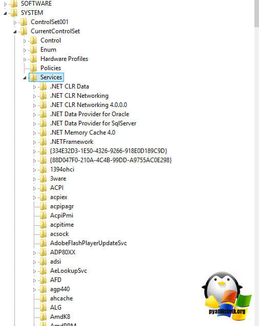 Список служб в реестре Windows