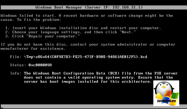 Windows Failed to start. Status 0xc0000098