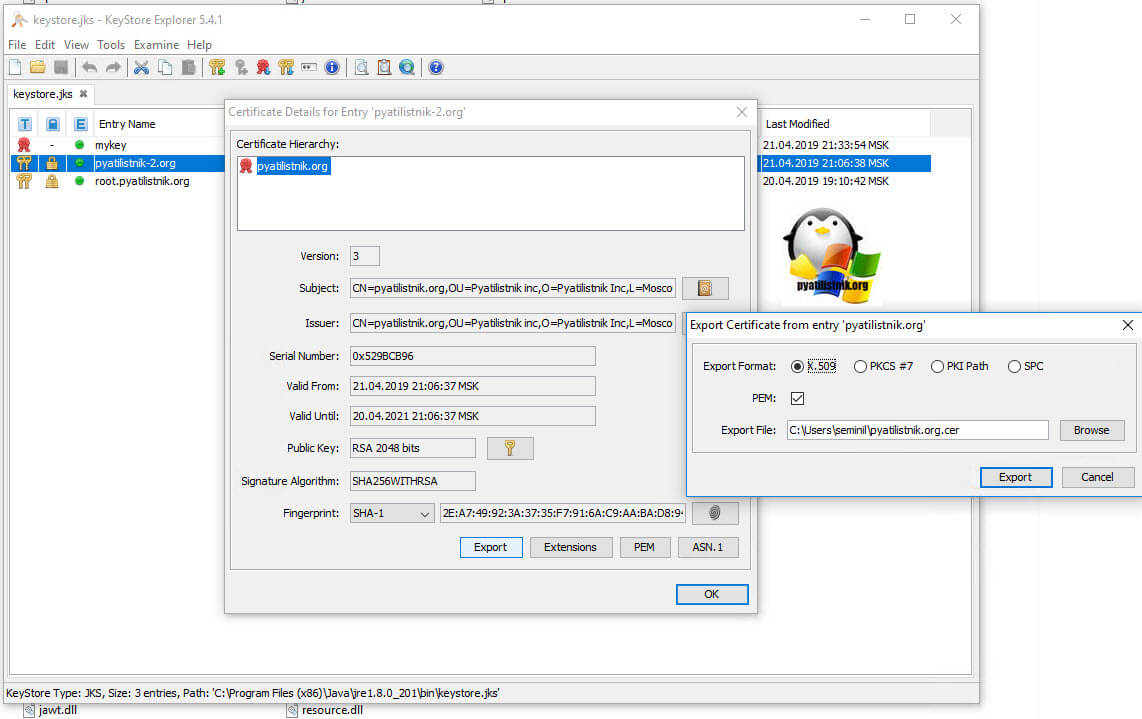 Операции с сертификатами в Key Store Explorer 5