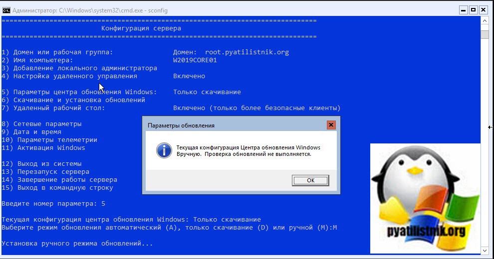 Сохранение настроек режима обновлений в windows server 219 core