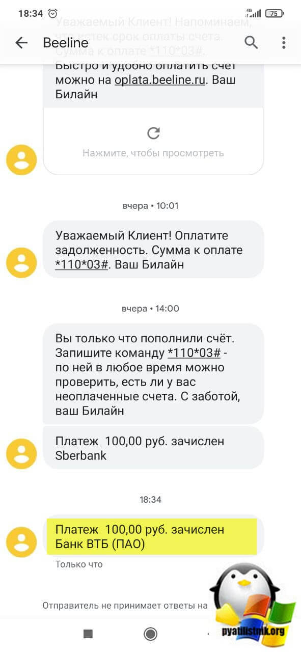 СМС о поступлении денег на номер билайн после оплаты через мобильное приложение ВТБ