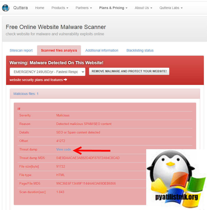 Результат поиска проверки сайта на вирусы онлайн через Quttera 