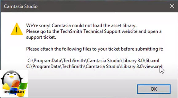 Camtasia could not load the asset library