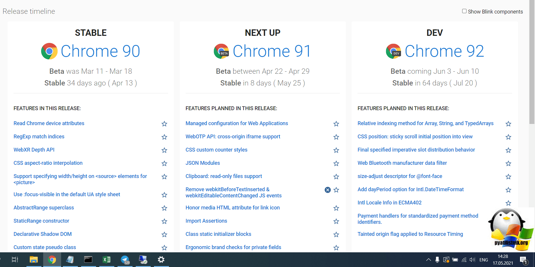 Следить за расписанием релизов Google Chrome