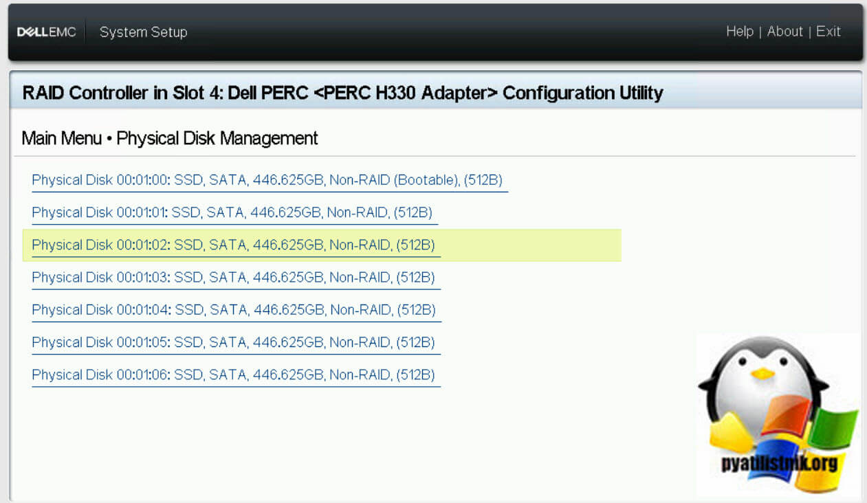 Выбор физического диска в PERC H330 Adapter