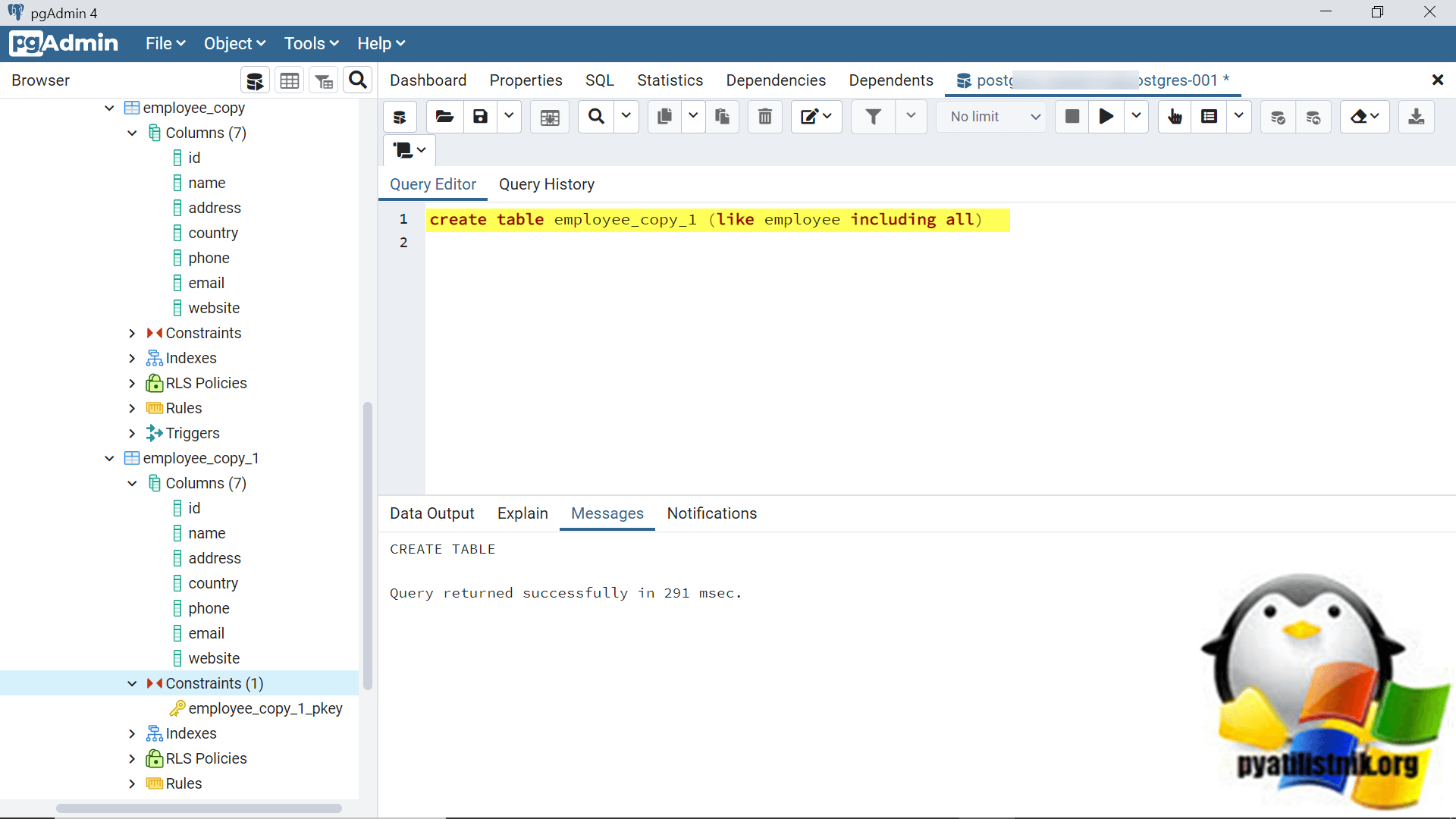 Использование оператора INCLUDING ALL в PostgreSQL