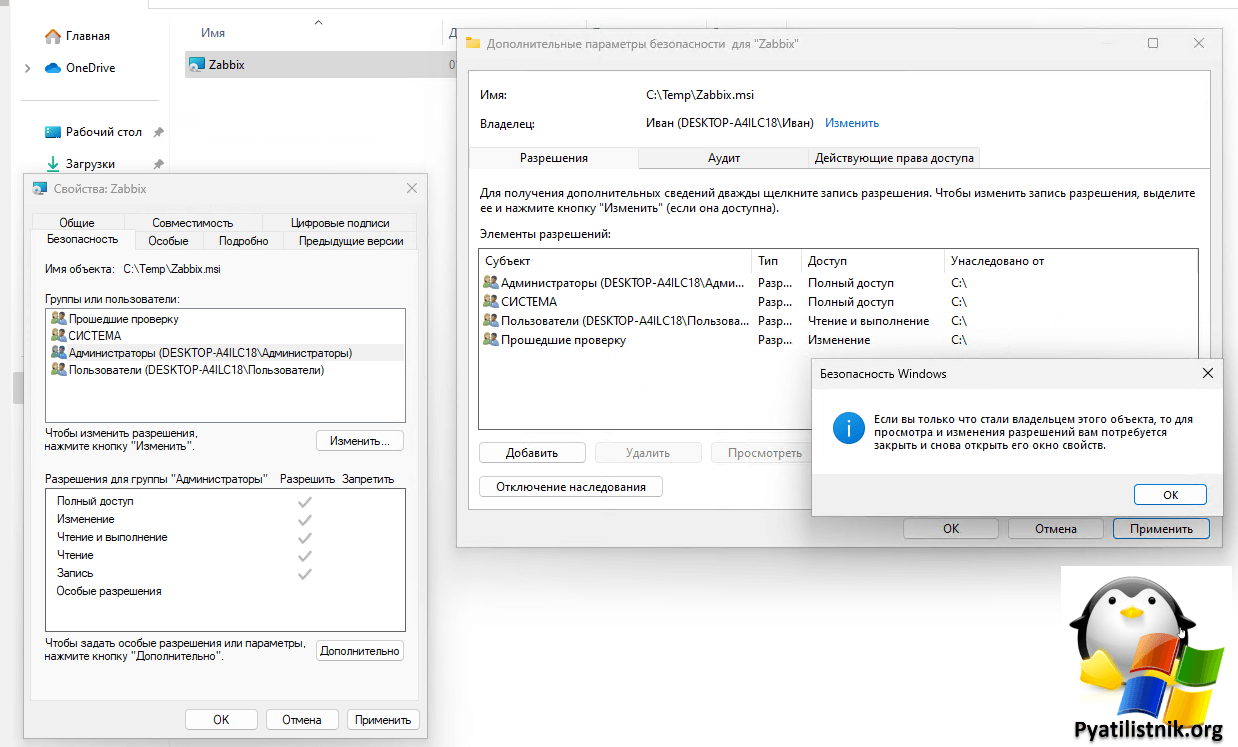 Успешная замена владельца на файле в Windows 11