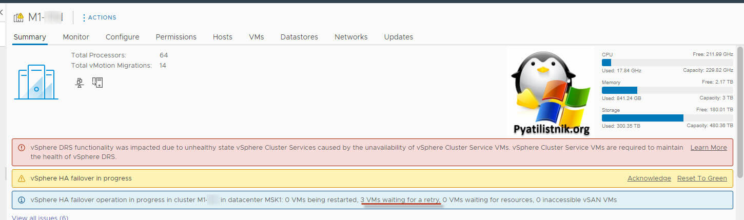 vSphere DRS functionality was impacted due to unhealthy state vSphere Cluster Services caused by the unavailability of vSphere Cluster Service VMs. vSphere Cluster Service VMs are required to maintain the health of vSphere DRS