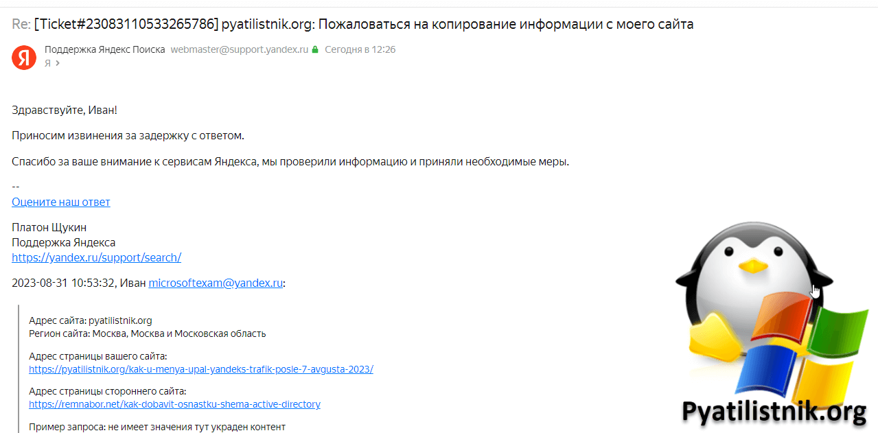 Ответ на тикет в Яндексе